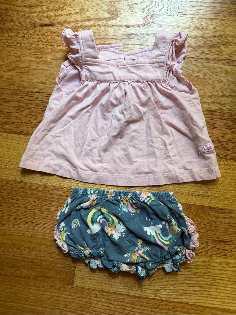 Ruffle Butts Pink Ruffle Tank with Blue Floral Rainbow Bloomers